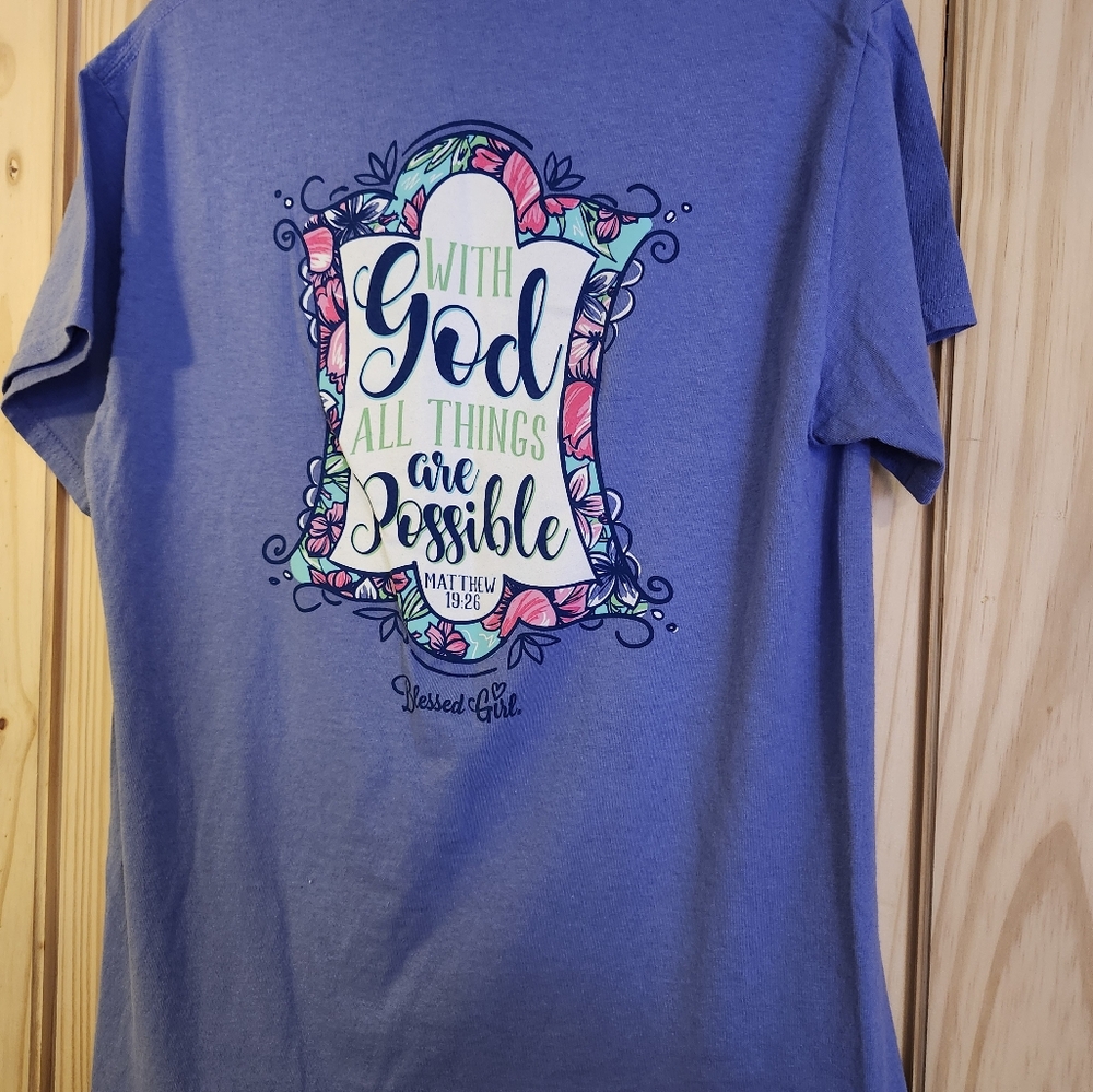 CUTE Blessed Girl Tee Shirt BLUE Multi-color Gently Pre Loved